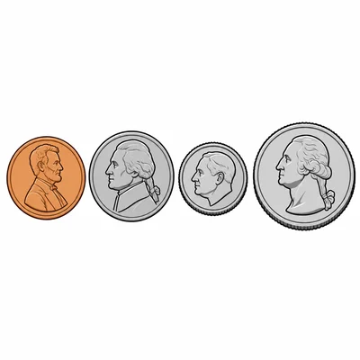 A set of four coins: penny, nickel, dime, and quarter.