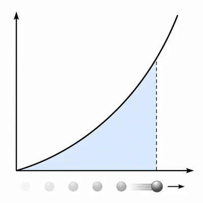 Quadratic velocity-time graph with shaded area under the curve and a small moving particle icon.