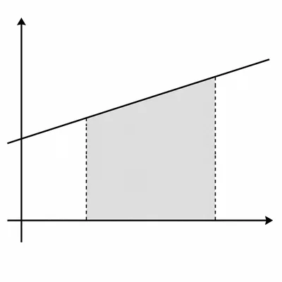 Graph of an increasing line above the axis with the area between two vertical boundaries shaded.