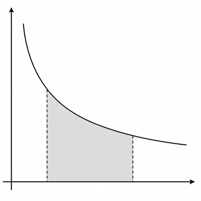 Decreasing reciprocal curve in the first quadrant with the area under the curve shaded between two vertical boundaries.