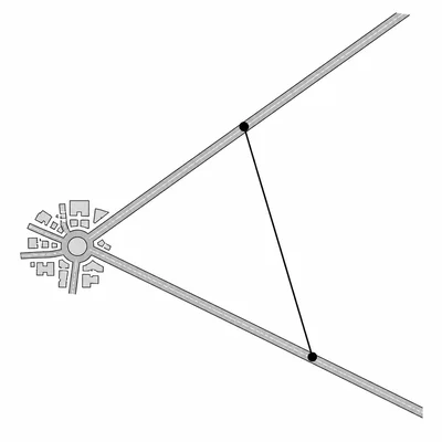 Two roads leaving a town at an angle with two points connected by a distance segment.