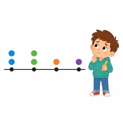 A child looks confused beside a dot plot with dot stacks.