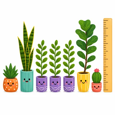 Several potted plants of different heights beside an unlabeled ruler.
