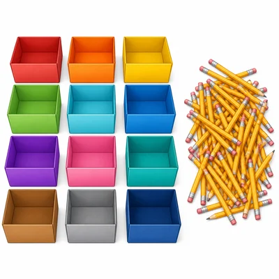 Twelve open boxes next to a pile of pencils for an equal sharing problem.