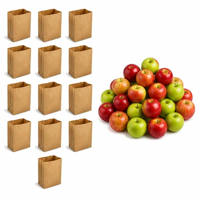 Thirteen grocery bags next to a pile of apples for an equal sharing problem.