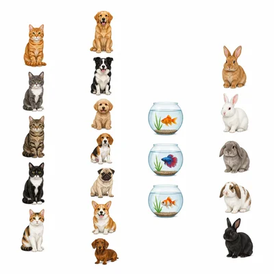 Four groups of pet icons showing counts 5, 7, 3, and 5.