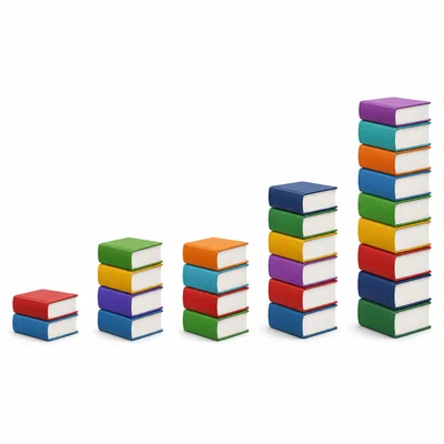 Five book stacks showing counts 2, 4, 4, 6, and 9.