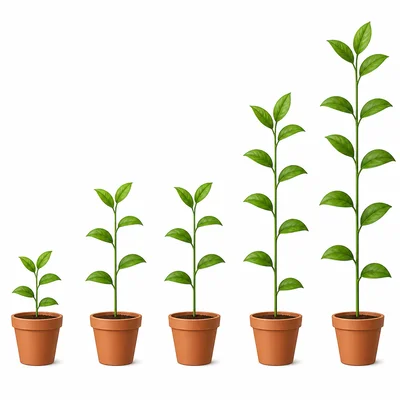 Five potted plants in order, with the middle two plants the same height.