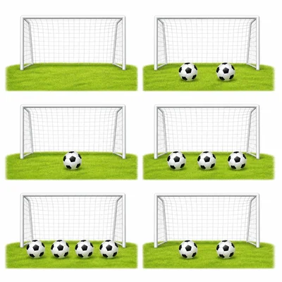 Six soccer goal scenes with ball counts 0, 2, 1, 3, 4, and 2.