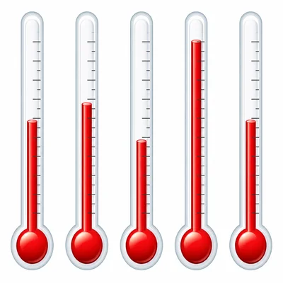 Five thermometers with the first and last at the same temperature level.