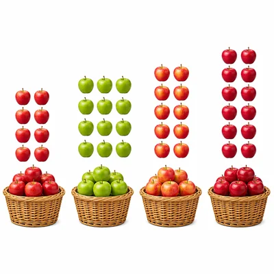 Four apple baskets showing counts 8, 12, 10, and 14.