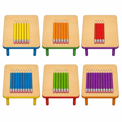 Six classroom tables with pencil counts 6, 6, 4, 8, 6, and 10.