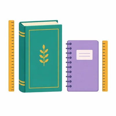 A book standing taller than a notebook with measuring strips beside them.