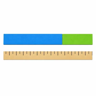 Two colored strips placed end to end above a ruler with tick marks.
