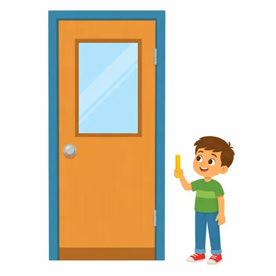 A tall classroom door beside a child holding a small ruler.