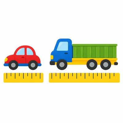 A toy truck longer than a toy car, each shown with a measuring strip.