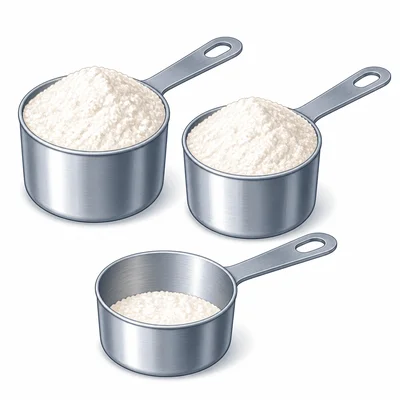 Two full measuring cups and one half-filled measuring cup of flour.