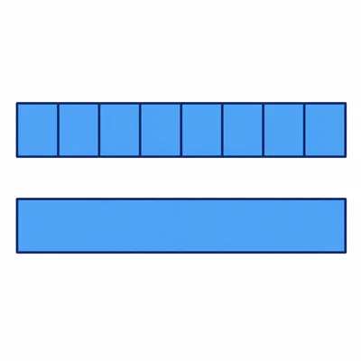 A fraction bar divided into eight equal shaded parts and a matching whole shaded bar.