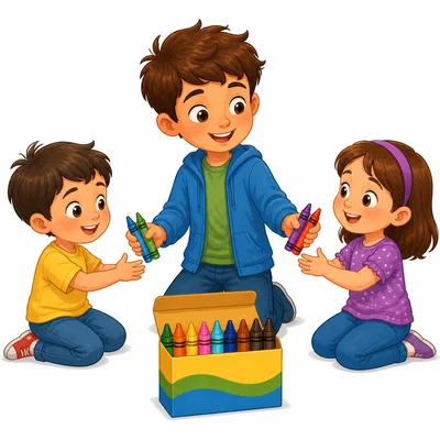 A child gives crayons to a brother and sister.