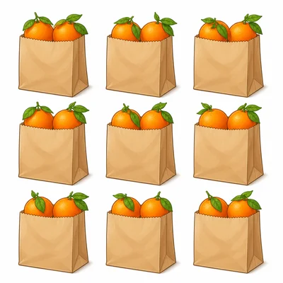 Nine bags, each holding two oranges.