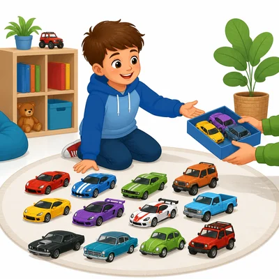 More toy cars are added to a child’s collection.