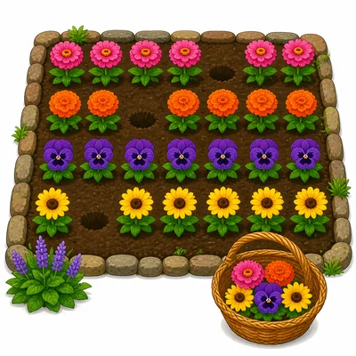 Rows of flowers in a garden with some flowers picked.