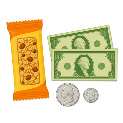 A snack next to two bills, one quarter, and one dime.