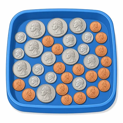A mixed tray of quarters, dimes, nickels, and pennies.
