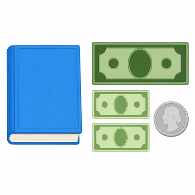 A book next to one five-dollar bill, two one-dollar bills, and one quarter.