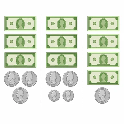 Three separate sets of bills and coins to compare.