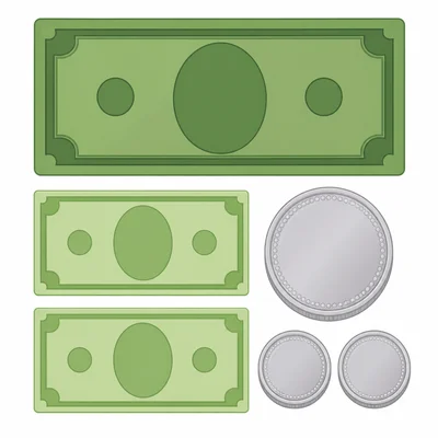 One five-dollar bill, two one-dollar bills, one quarter, and two dimes.