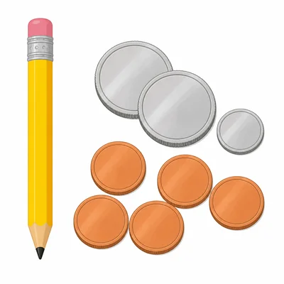 A pencil next to two quarters, one dime, and five pennies.