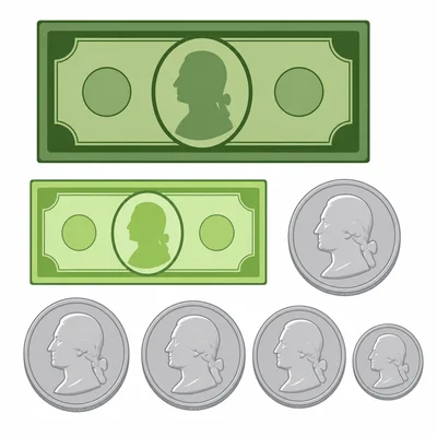 One five-dollar bill, one one-dollar bill, three quarters, and one nickel.