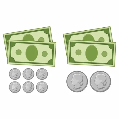 Two money piles: one with two bills and six dimes, the other with two bills and two quarters.