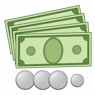 Four bills with three quarters and one dime.