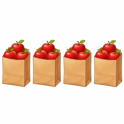 Four bags with three apples in each bag.