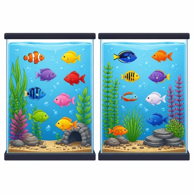 Two aquariums with eight fish in each aquarium.