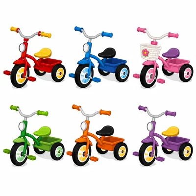 Six tricycles, each with three wheels.