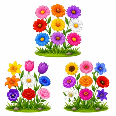 Nine flowers arranged in three equal groups.