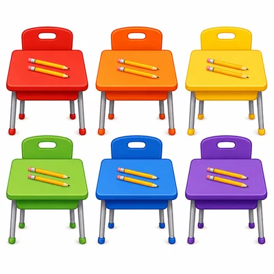Six desks with two pencils on each desk.