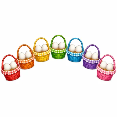 Seven baskets with two eggs in each basket.
