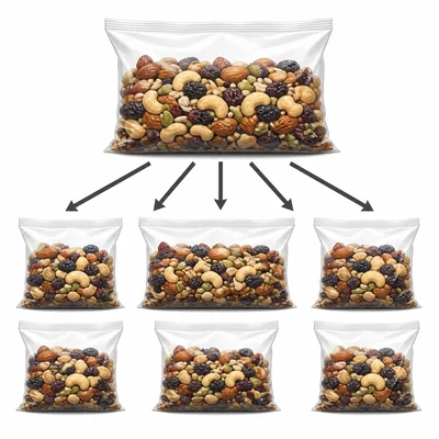A large bag of trail mix being divided into six smaller bags.