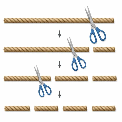 A rope being cut into equal-length pieces with scissors.