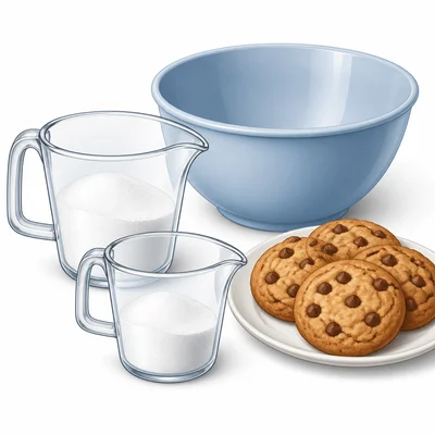 Two measuring cups partly filled with sugar beside a mixing bowl and cookies.