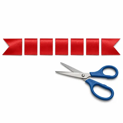 A ribbon cut into equal-length pieces with scissors nearby.