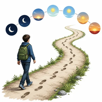 A student walking along a path with repeated footprints and day symbols.