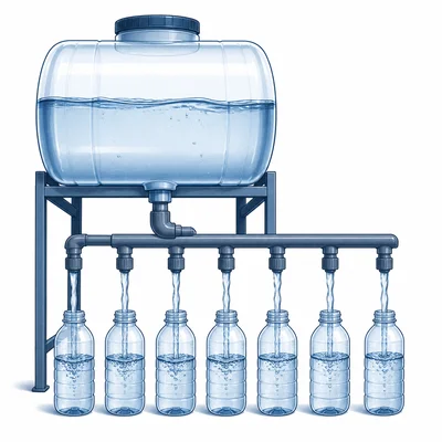 A water tank pouring water into several small bottles.