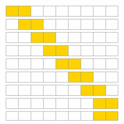 Nine fraction bars each divided into ninths with two parts shaded.