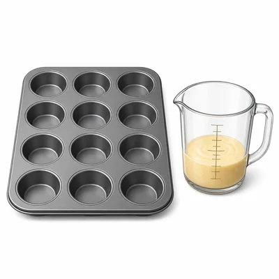 A cupcake tray with twelve spaces and a measuring cup one third full of batter.