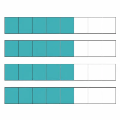 Four fraction bars each divided into eighths with five parts shaded.